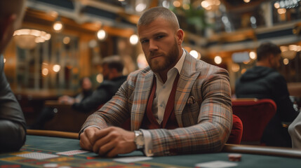 Obraz premium A well-dressed man at a casino table engaged in the high-stakes world of gambling, embodying both the allure and risk of the gaming industry. Ai generative illustration