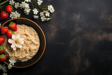 oatmeal with strawberries, on a dark background, copy space for text
