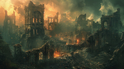 An apocalyptic landscape showing the ruins of a once grand city. The scene is enveloped in dramatic lighting, with structures crumbling and fire blazing amidst the destruction