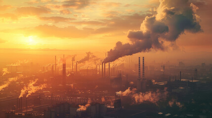 Industrial landscape at sunset with factories emitting smoke against a dramatic sky, illustrating pollution and environmental issues.