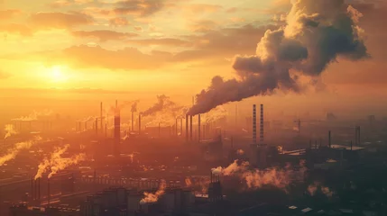 Fotobehang Industrial landscape at sunset with factories emitting smoke against a dramatic sky, illustrating pollution and environmental issues. © ChubbyCat