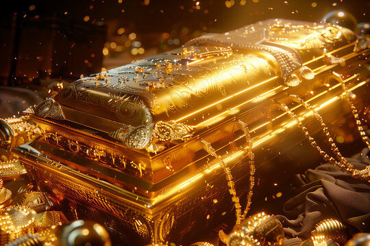 Golden ornate treasure chest surrounded by varity of gold items and jewels