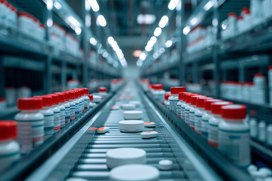 Rows of medicine bottles in a pharmaceutical manufacturing facility showcasing industry production