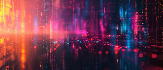 Abstract image representing a digital landscape with glowing neon lights and circuitry, symbolizing a data stream within a virtual space or cyberspace environment.