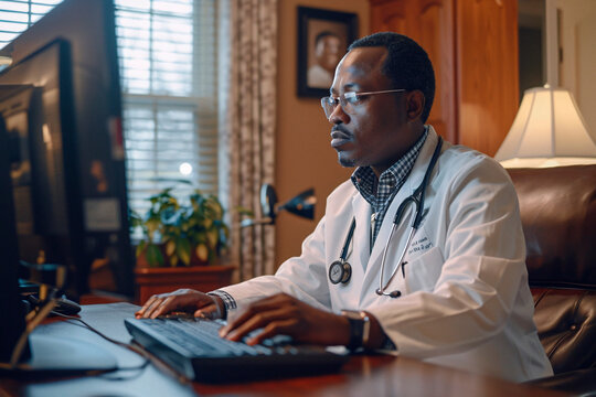Professional African male doctor in a white coat working at his desk on computer in a well-lit office