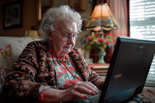 Senior woman with a floral dress using a laptop in a cozy, well-decorated room with warm lighting