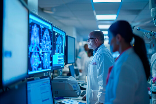 Medical team of diverse professionals reviewing MRI brain scans on high-tech monitors in a hospital's radiology department