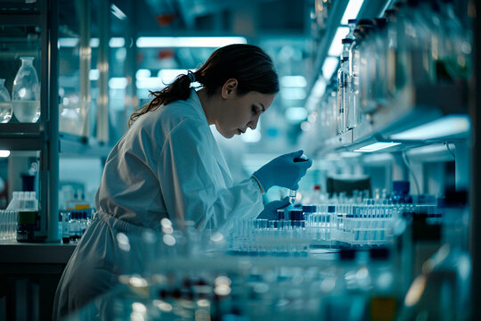 Focused female scientist pipetting a solution in a petri dish in a high-tech research laboratory environment
