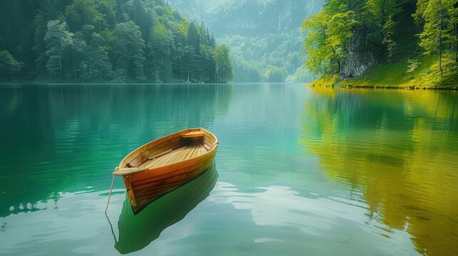 A lone boat as it patiently awaits on the calm, emerald waters of a tranquil lake.