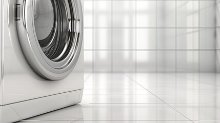 a close-up image of a white washing machine. standing alone in a white room, white background.