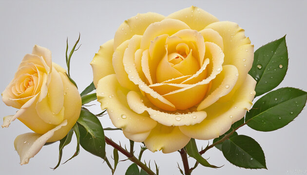 Set beautiful yellow rose flower with dew, isolated on white background