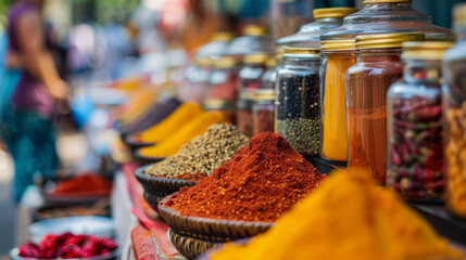 A market stall showcases a vibrant selection of spices like chili and mustard seed, drawing in customers with their intense colors and aromas