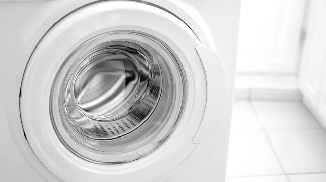 a close-up image of a white washing machine. standing alone in a white room, white background.