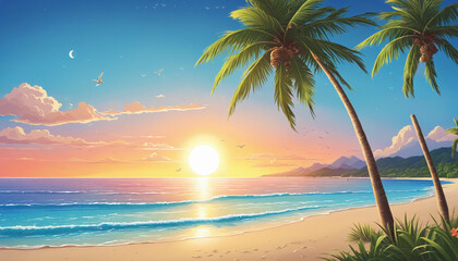 Fototapeta na wymiar Summer beach sunset with palm tree, mountains background