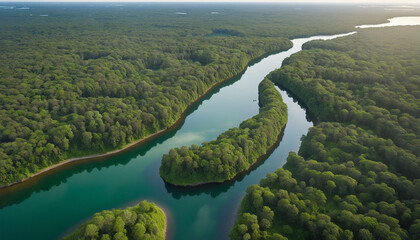 Aerial forest landscape with a river surrounding a green island in the shape of planet earth - obrazy, fototapety, plakaty