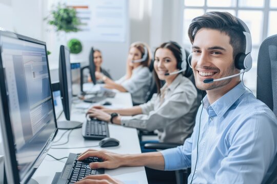 Focused customer service representatives with headsets working at computers in a modern office environment - AI generated