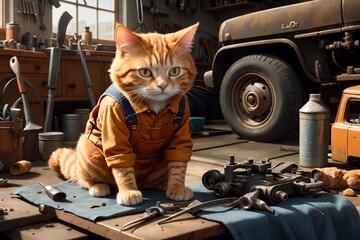 Cute hardworking cat works in his car repair shop.