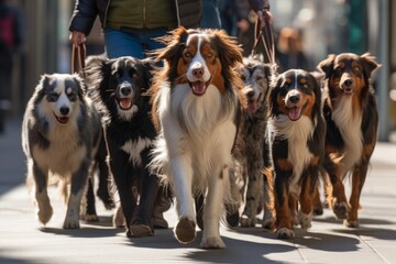 a man walks a pack of dogs on a city street