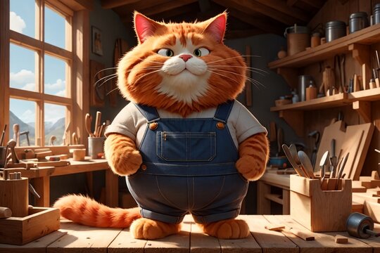 A fat cat in a T-shirt works in his carpentry workshop