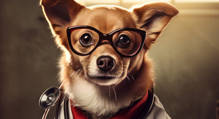 A dog with glasses, with a stethoscope in a red jacket and a doctor's suit on a dark background.