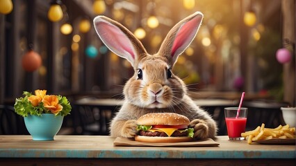 Easter bunny eating cheeseburger, cafe background - obrazy, fototapety, plakaty