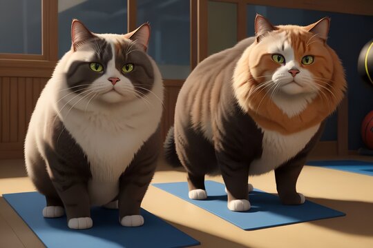 Fat cats came to the gym for training.