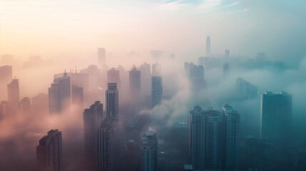 City skyline enveloped in smog during sunrise, symbolizing pollution. - obrazy, fototapety, plakaty