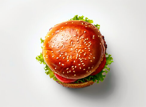Classic hamburger with sesame bun, lettuce, and tomato, isolated.
