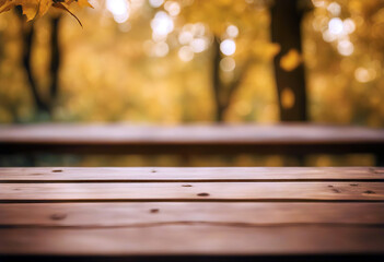 Wood table top on blur abstract natural foliage bokeh background vintage tone stock photo