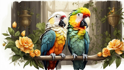 Tropical parrot with flowers in art nouveau style. AI generated