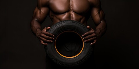 Straining muscles glisten as a sportsman hoists tires, utilizing them for intense workout sessions. - obrazy, fototapety, plakaty