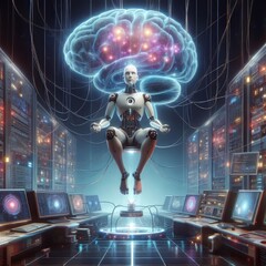 Fototapeta premium Super Advanced future technology with a virtual screen, brain-mind, robot, PC, and laptops. Science and Technology Research Centre. Synaptic Symphony: AI Consciousness Emerging. Generative AI 