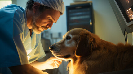 A veterinarian performs an ultrasound of a dog using modern equipment with innovative technologies...