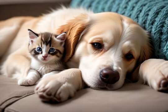 A loving kitten and a dog are lying on the bed.