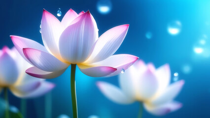 Fototapeta premium Lotus flower in white pink color with drops of dew on a bright blue blurred background with lotus flowers. Banner, spa.