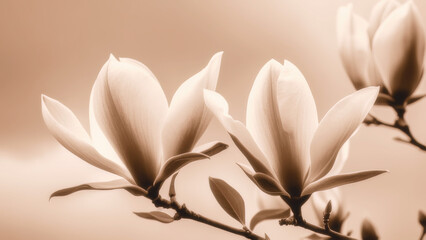 Three magnolia flowers in sepia tones against a blurred sky