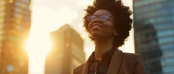 Empowered African American businesswoman enjoying cityscape at sunset, symbolizing urban success and career satisfaction with vibrant skyline backdrop - AI generated