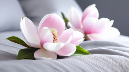 Two magnolia flowers close-up on a bed, sofa, gray textile. Soft focus, subtle colors. Romance.