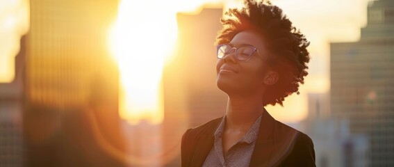 Empowered African American businesswoman enjoying cityscape at sunset, symbolizing urban success and career satisfaction with vibrant skyline backdrop - AI generated