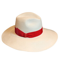 Stylish white fedora hat with a striking red ribbon displayed in a shop window