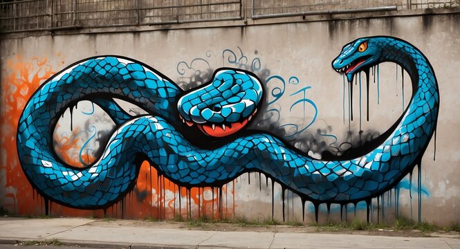 Abstract blue theme of a giant snake spray painted vandalized concept graffiti tag art background from Generative AI