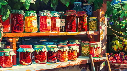 Fototapeta na wymiar Illustration of vividly colored jars with preserves on shelves, evoking a rustic and homely vibe
