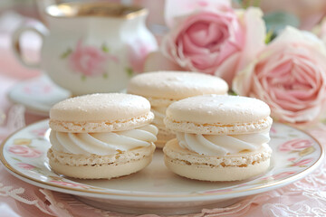 French macarons stack lined up in a neat row with blur background