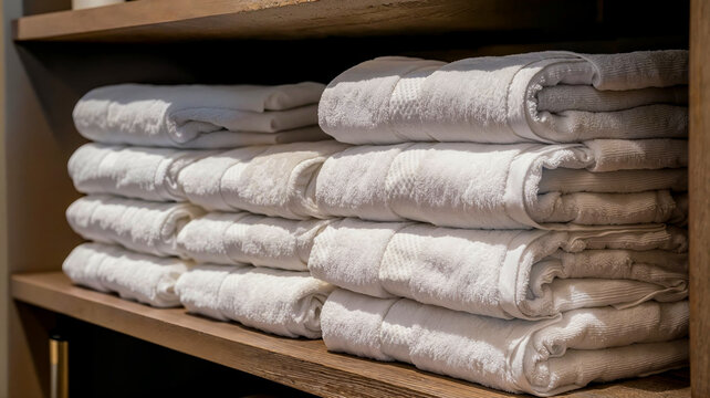 des serviettes de douches bien rang&eacute;es dans un meuble, dans un h&ocirc;tel