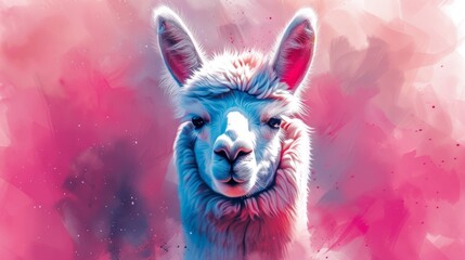 Cute pink alpaca on abstract pink watercolor background.