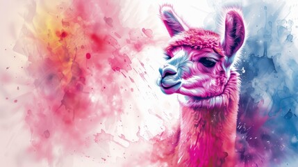 Fototapeta premium Cute pink alpaca on abstract pink watercolor background.