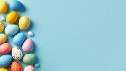 Vibrantly colored Easter eggs arranged on a pastel blue background for a creative and festive design