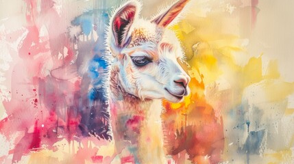 Fototapeta premium Watercolor portrait of a cute alpaca. llama on watercolor background