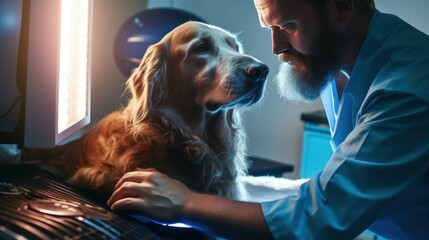 A veterinarian performs an ultrasound of a dog using modern equipment with innovative technologies in a veterinary clinic. - obrazy, fototapety, plakaty