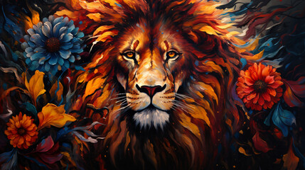 Lion made of oil paint modern art with sunflower ..